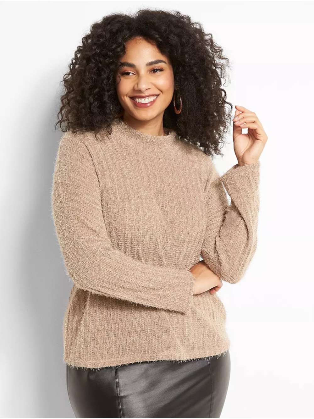 Lane Bryant Fuzzy Ribbed Mock Neck Sweater - Taupe Brown Size 18/20